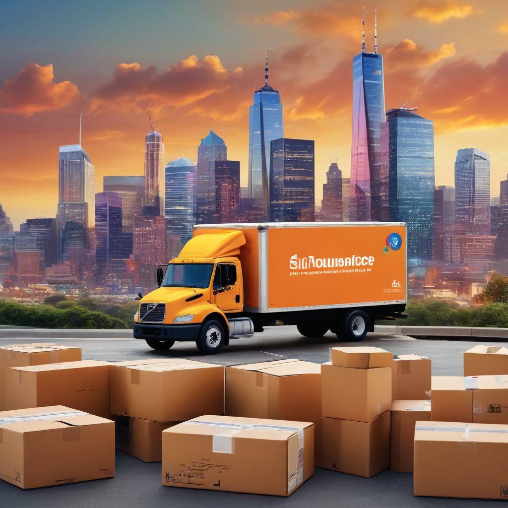 A dynamic collage showcasing a sturdy moving truck with visible insurance logo graphics, alongside a family calmly packing their belongings in boxes. In the background, a city skyline representing reliable transport, with a transport map integrated. Overlay with icons of essential insurance documents and packages illustrating safety and security. super-realistic. vibrant colors. modern design.