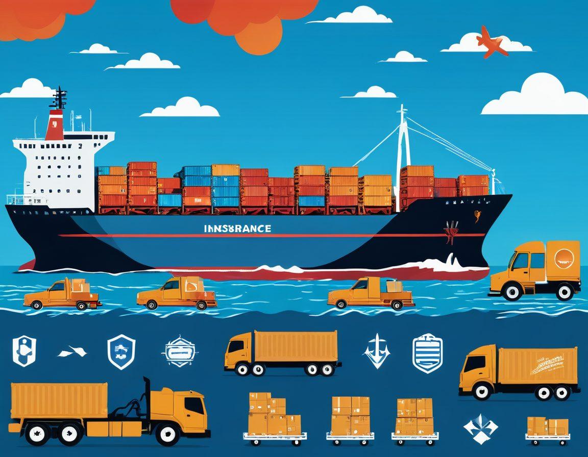 An infographic-style illustration depicting a cargo ship and a delivery truck, surrounded by various types of cargo and insurance symbols like shields and checkmarks. Highlight contrasting scenes showing safe transport versus risks like accidents and damages. Use bright colors and clear labels for better understanding. Include a global map in the background to symbolize international transport. vector art. vibrant colors.